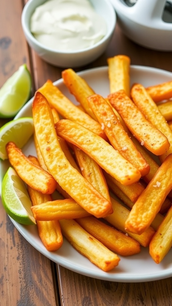 Crispy Air Fryer Yuca Fries Recipe Crispy yuca fries served with lime wedges on a rustic table.